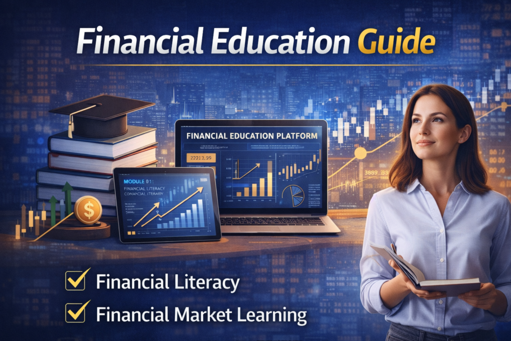 Financial education guide illustration showing financial literacy training, financial market charts, and financial education platform learning resources.