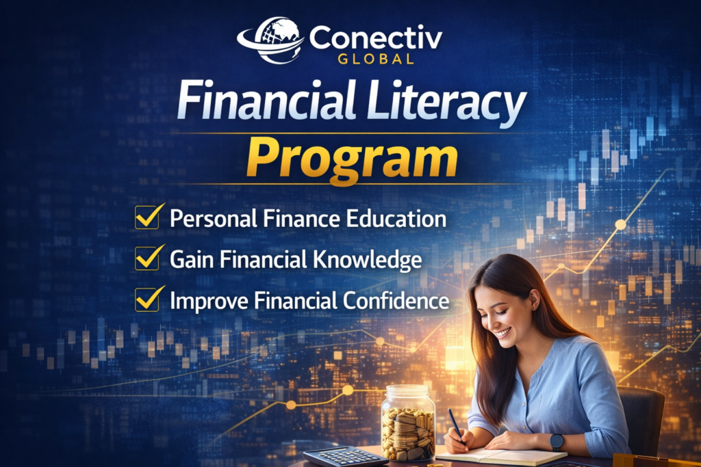 Financial literacy program showing personal finance education, savings planning, and financial knowledge training through the Conectiv Global education platform.