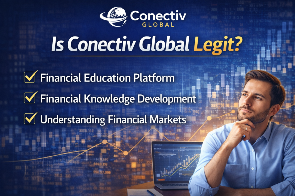 Illustration asking “Is Conectiv Global Legit” showing financial market charts and a financial education platform focused on financial literacy and market learning.
